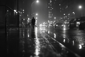A lonely figure walking along a rain-soaked city street at night, reflecting the bright lights of the surrounding buildings and passing traffic, creating a moody scene.
