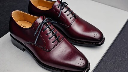 Elegant pair of formal maroon leather dress shoes with laces, classic design, showcasing fine craftsmanship, suitable for business or special occasions