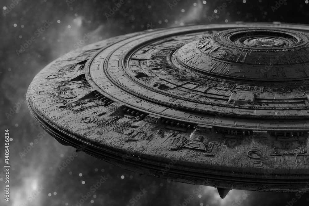 Aufkleber a detailed close-up of a futuristic alien spaceship, with intricate designs and a black and white co