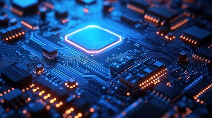 Fototapeta premium Close-up of a glowing blue Central Processing Unit (CPU) on a circuit board. High tech digital technology background, showing intricate details of computer hardware.