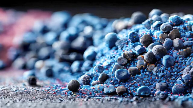 Pile of blue plastic granules and microbeads with textured surface, scattered across a dark background