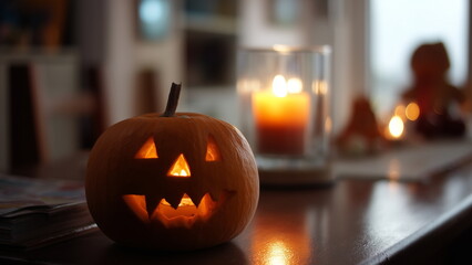 Fototapeta premium A carved pumpkin with a flickering candle inside sits on a table, casting a warm, eerie glow and setting the perfect spooky atmosphere for Halloween.