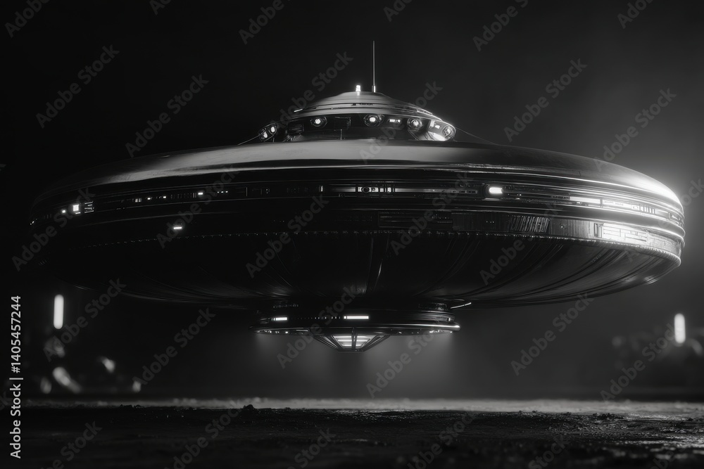 Poster a mysterious ufo hovering silently over a desolate landscape, its metallic surface gleaming under th
