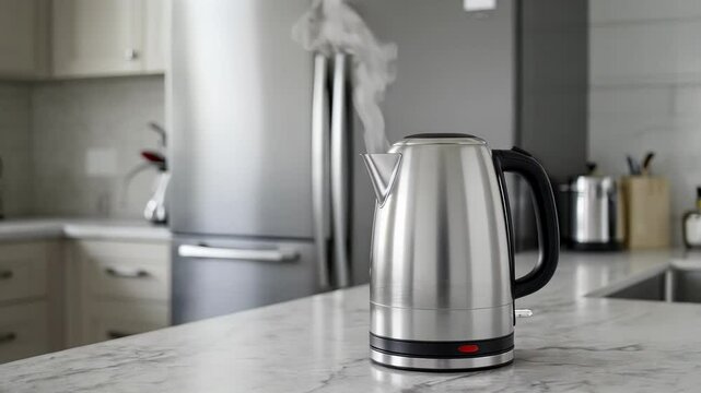 Stainless steel kettle heating water on a modern kitchen countertop during daytime