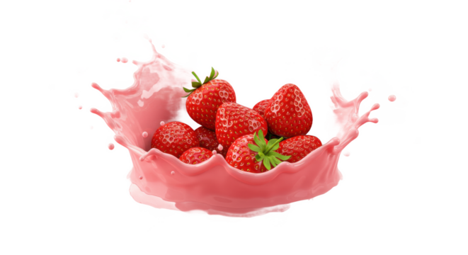 Strawberries splashing into pink liquid creating a crown like shape on a black background