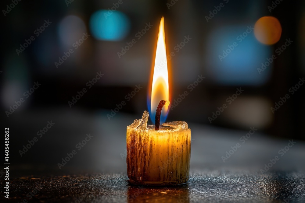 Poster a warm and inviting close-up of a burning candle, casting a soft glow in the dark, creating a cozy a