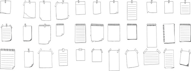 Doodle paper notes, stickers, sticky sheets and tape set. To do list, memo messages with curled corner, notepads