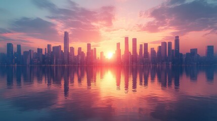 Fototapeta premium Majestic City Skyline at Sunset: A Breathtaking Panorama of Urban Beauty