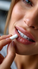 Naklejka premium Close-up of Woman Taking White Capsule Pill with Lips Parted in Focus