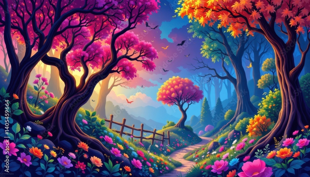 Aufkleber fantasy forest illustrate a magical forest where the trees and foliage swirl in vivid colors, creati
