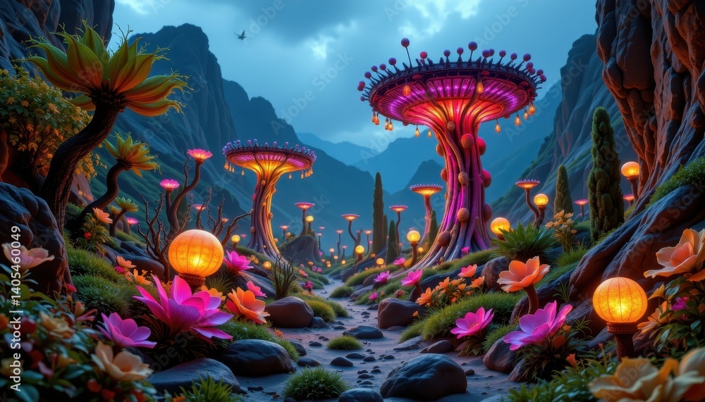 Poster alien landscape design a surreal alien world filled with pulsating, alien flora that radiates color 