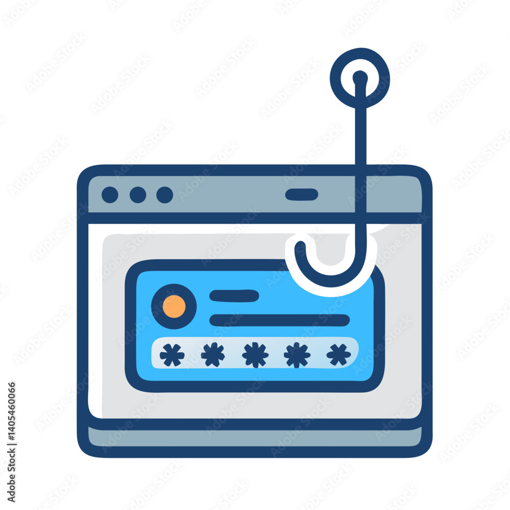 Poster browser with login and phishing hook icon representing online fraud and security threat