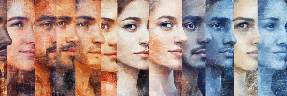 Poster mosaic representing diverse human faces symbolizing unity and diversity from various cultures around