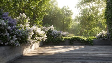 Obraz premium Lush courtyard with weathered teak decking adjacent to moss-covered stone wall supporting wisteria-laden pergola, purple hydrangeas and white gardenias glowing under dappled forest light.