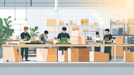 Warehouse workers packing boxes shipping logistics industry vector art