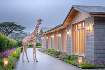 Giraffe conservation centre at twilight with shadows and lantern-lit pathways