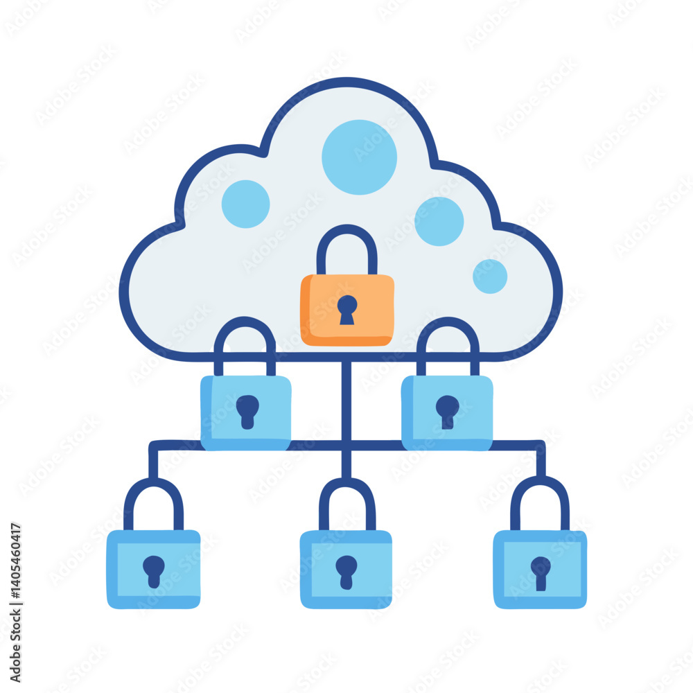 Poster Cloud Network with Multiple Locks Icon Representing Multi-Layered Cloud Security and Protected Data