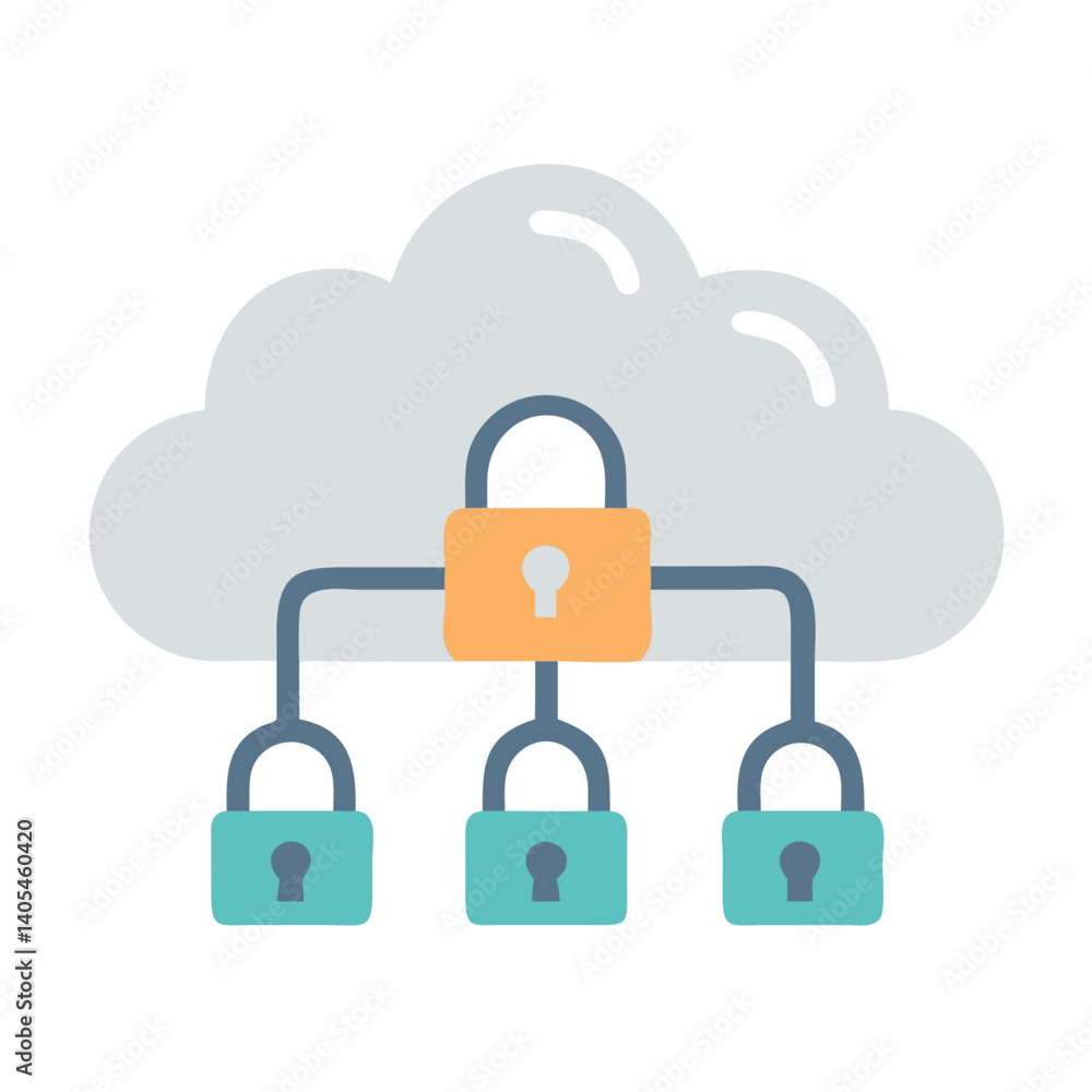 Poster Cloud Network with Multiple Locks Icon Representing Multi-Layered Cloud Security and Protected Data