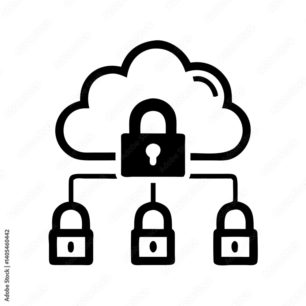 Fototapete Cloud Network with Multiple Locks Icon Representing Multi-Layered Cloud Security and Protected Data