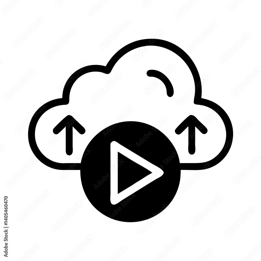 Poster Cloud Upload with Play Icon Representing Media Streaming and Cloud-Based Content Delivery