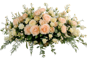 A harmonious display of peach and cream roses, intermingled with soft greens and delicate white blooms, creates a calming floral arrangement