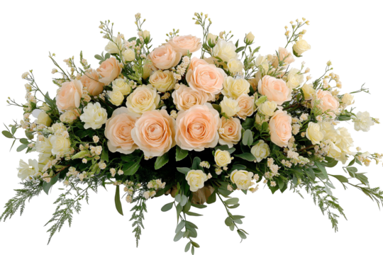 A harmonious display of peach and cream roses, intermingled with soft greens and delicate white blooms, creates a calming floral arrangement