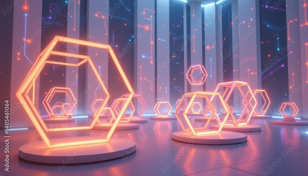 Poster luminous geometric structures design an image showcasing a series of floating geometric structures, 