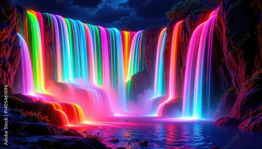 Poster neon waterfall create an image of a cascading waterfall made of light and color, flowing into a glow