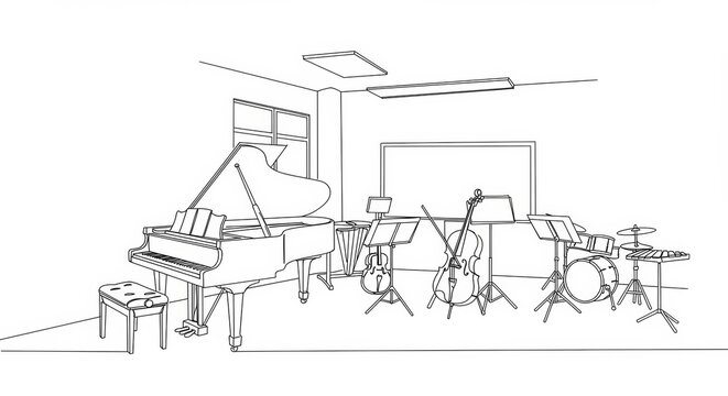 black and white music room instruments clip art preview