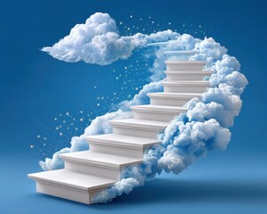 A surreal image of a staircase ascending through fluffy clouds against a blue backdrop, evoking a sense of wonder and imagination.