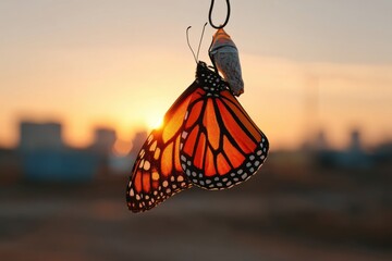 A close-up shot of a Monarch butterfly emerging from its chrysalis at sunset, with vibrant orange wings and the soft glow of the sun in the background.