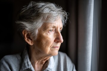 A close-up portrait of a thoughtful senior woman with grey hair looking out of a window, conveying contemplation, wisdom, and a serene sense of inner peace.