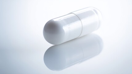 Close-up of a White Pill Capsule on Reflective Surface