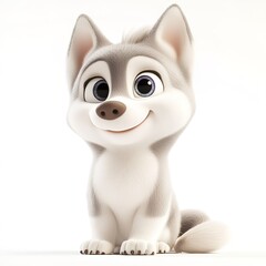 Cute cartoon husky puppy: Big sparkling blue eyes, tongue out, perky ears with blue collar, fluffy black/white fur texture, sitting pose with paw raised against white backdrop