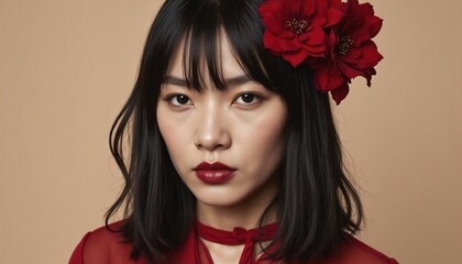 Naklejka premium Beauty in Bloom: A captivating portrait of an Asian woman, her dark hair adorned with vibrant red flowers, exuding elegance and grace.