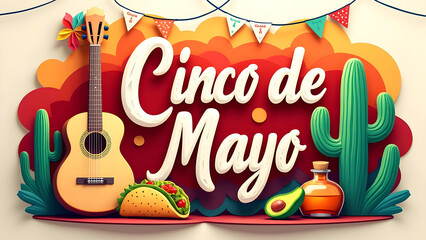 Vibrant Cinco de Mayo Fiesta: Festive illustration with "Cinco de Mayo" text, guitar, cacti with colorful decorations, avocado, tequila bottle, and papel picado banner against a warm, layered bg.