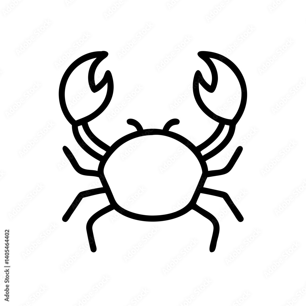 Poster a simple line drawing of a crab with large claws and several legs on a white background art