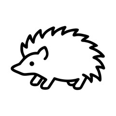 A simple outline drawing of a hedgehog with visible spikes and small legs on a white backdrop here
