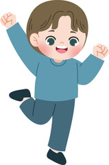 cute boy in blue clothes jumping of joy