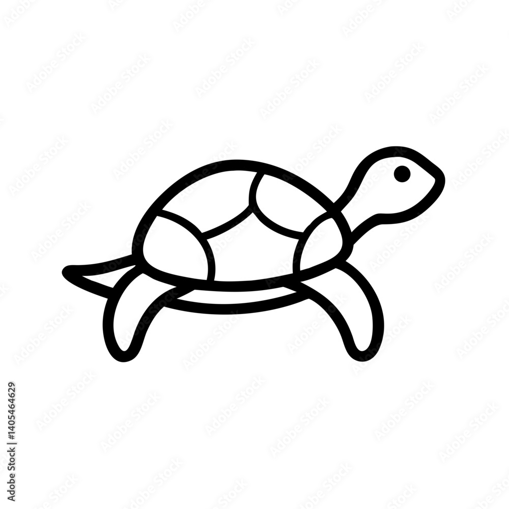 Poster illustration of a simple cartoon turtle with a segmented shell and a small eye in black outline