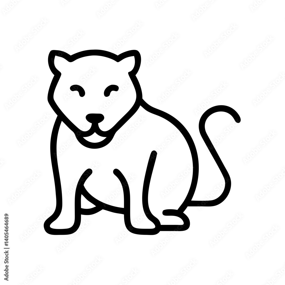 Poster line drawing of a seated cat with a curled tail and closed eyes in a simple vector illustration styl