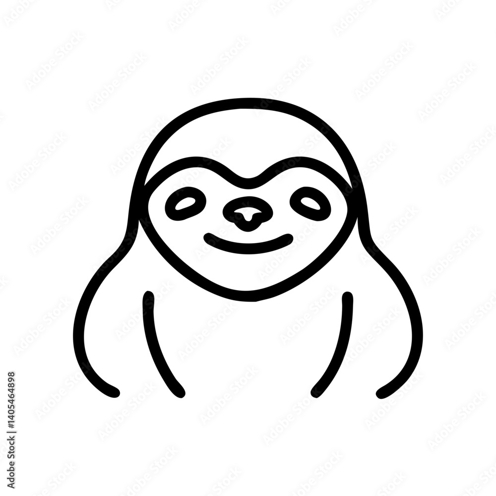 Poster illustration of a cute sloth with a simple outline design and a happy expression on a white backgrou
