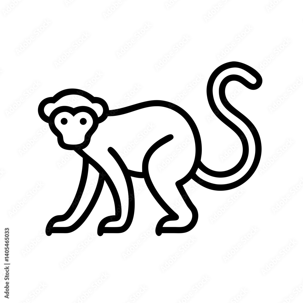 Poster outlined depiction of a monkey with a curled tail and a distinct facial structure in a simple style