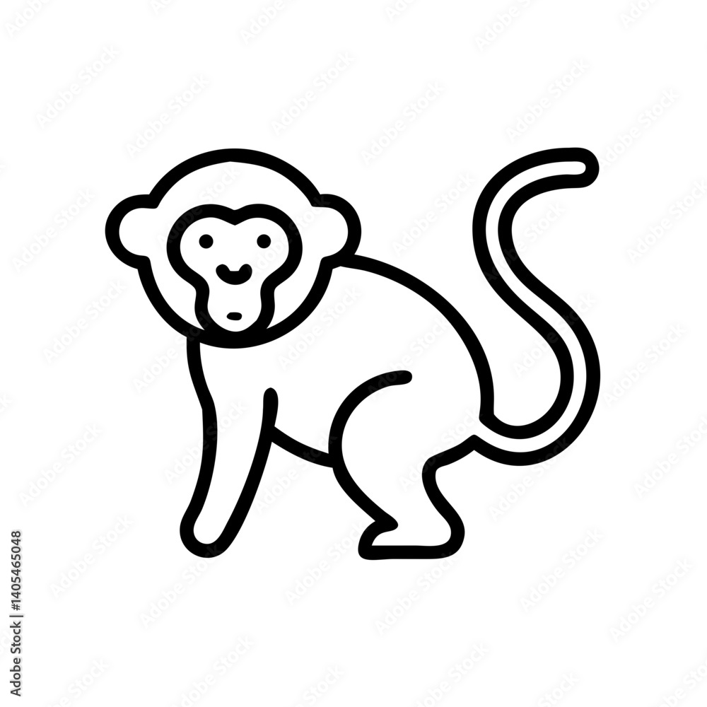 Poster a line drawing of a monkey with a curly tail and a friendly face standing on all fours in black and 