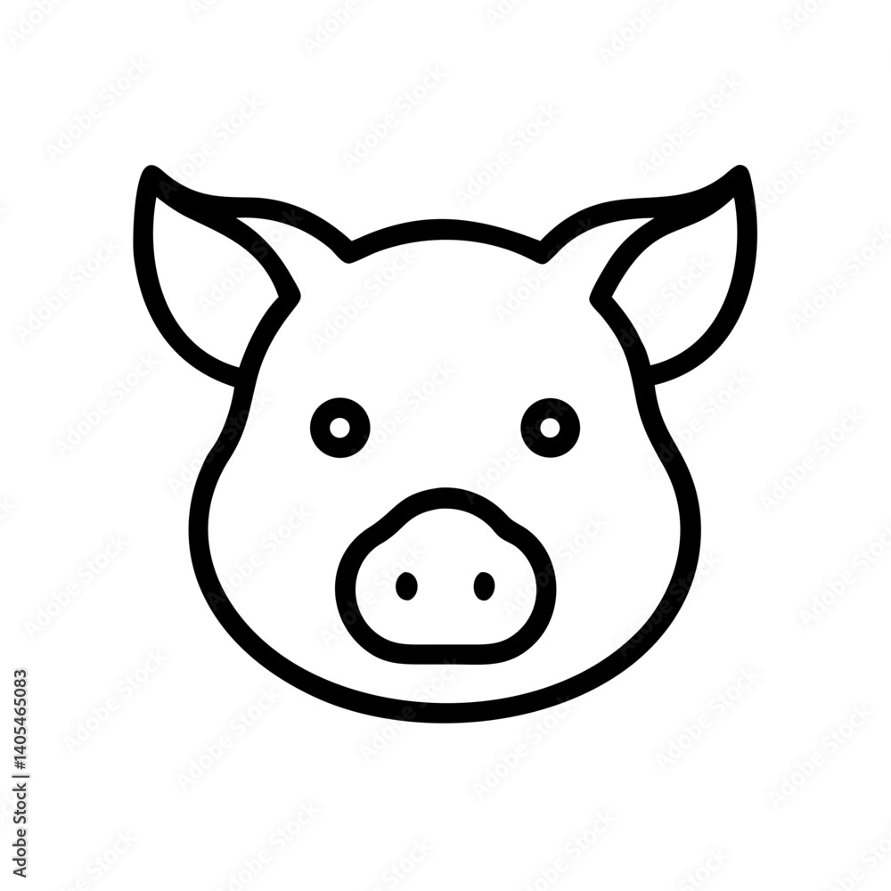 Poster a simple line drawing of a pig face with rounded features and small ears isolated on a white backgro