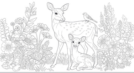 Detailed line art of a deer family with a bird among flowers and foliage in grayscale