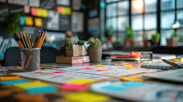 Workshop Table Filled With Scribbled Wireframes, Brand Messaging Post-Its, And Notebook With Gtm (Go-To-Market) Notes, Creative Vibe, Copy Space Center --Ar 16:9 --S 295 --V 6.0 --Style Raw** - @Dar