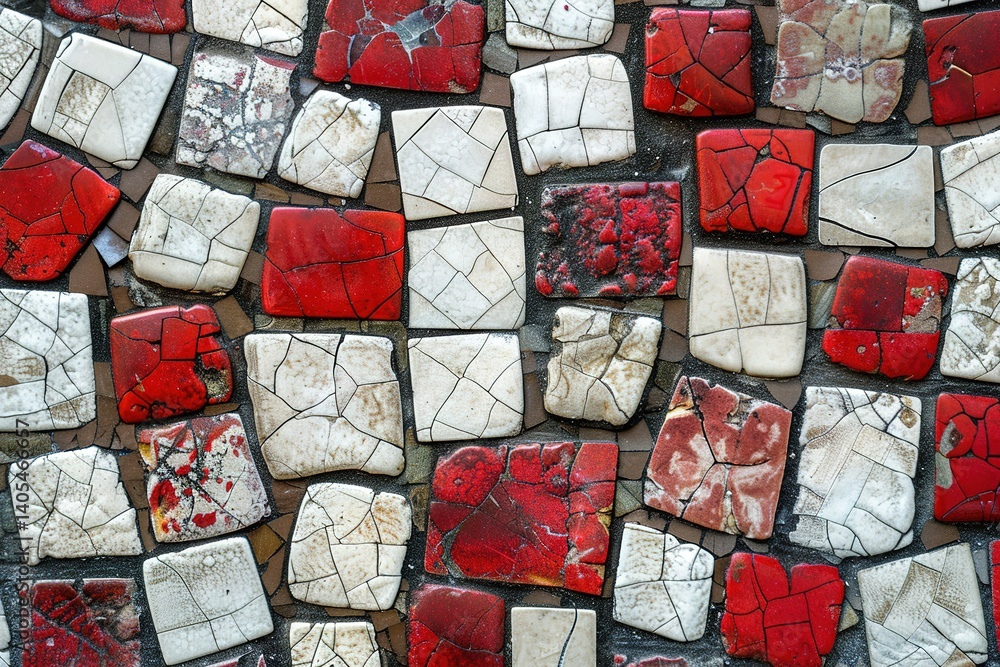 Poster red and white ceramic tiles form an intricate mosaic design displaying varied textures