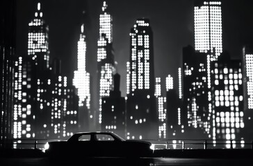 Silhouette of a car at the bottom of the frame against a black-and-white city nightscape, towering skyscrapers with glowing windows creating stark contrast