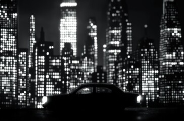 Silhouette of a car at the bottom of the frame against a black-and-white city nightscape, towering skyscrapers with glowing windows creating stark contrast
